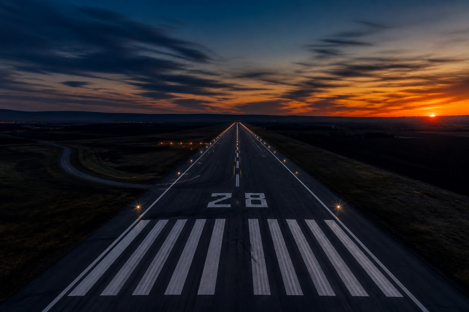 Runway threshold at dusk — landside, airside and the capital pipeline as one TerraForge portfolio