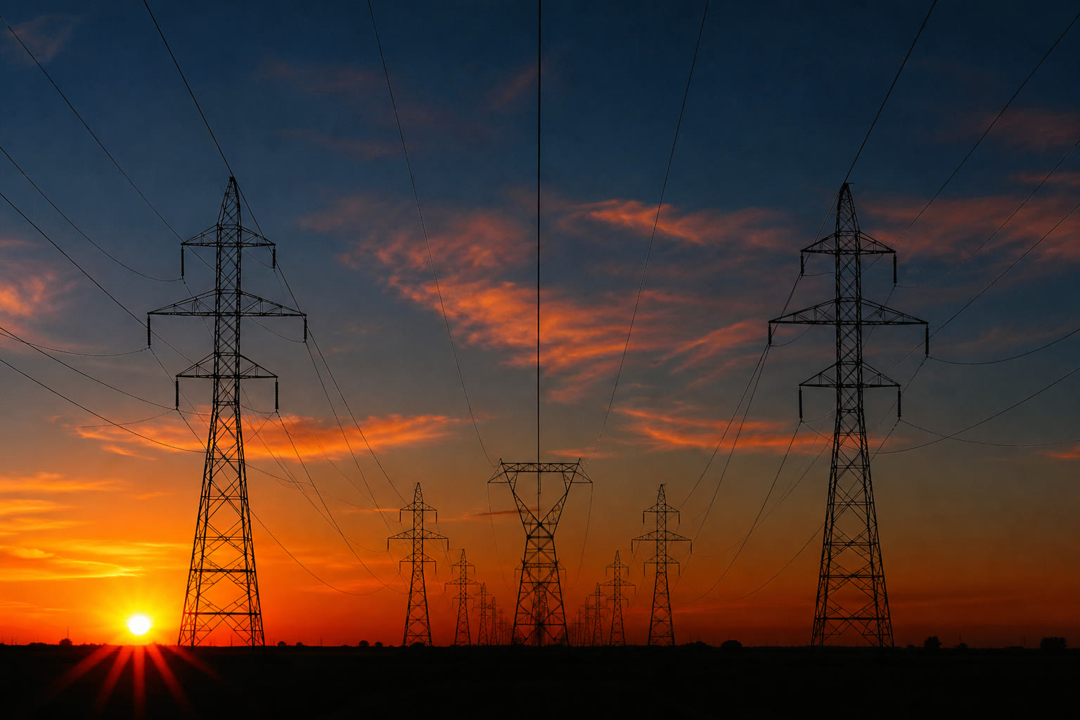 High-voltage transmission towers at sunset — corridor, wayleave and reinforcement programme on the same hierarchy