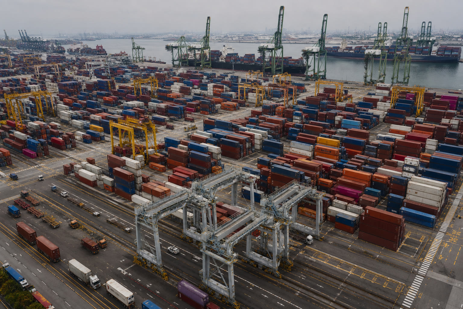 Container terminal from the air — quay, yard and hinterland as one portfolio the capital programme already uses