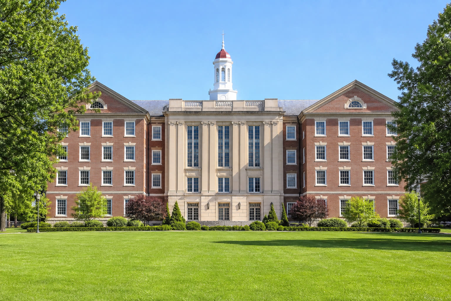 Campus academic building across a lawn — university portfolio and capital works in one TerraForge system
