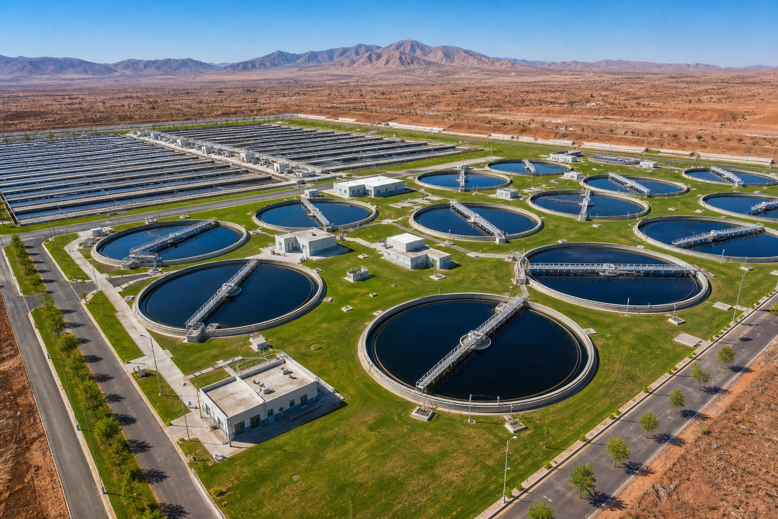 Aerial of a wastewater treatment works with circular clarifiers — plant, land and capital job on one business process