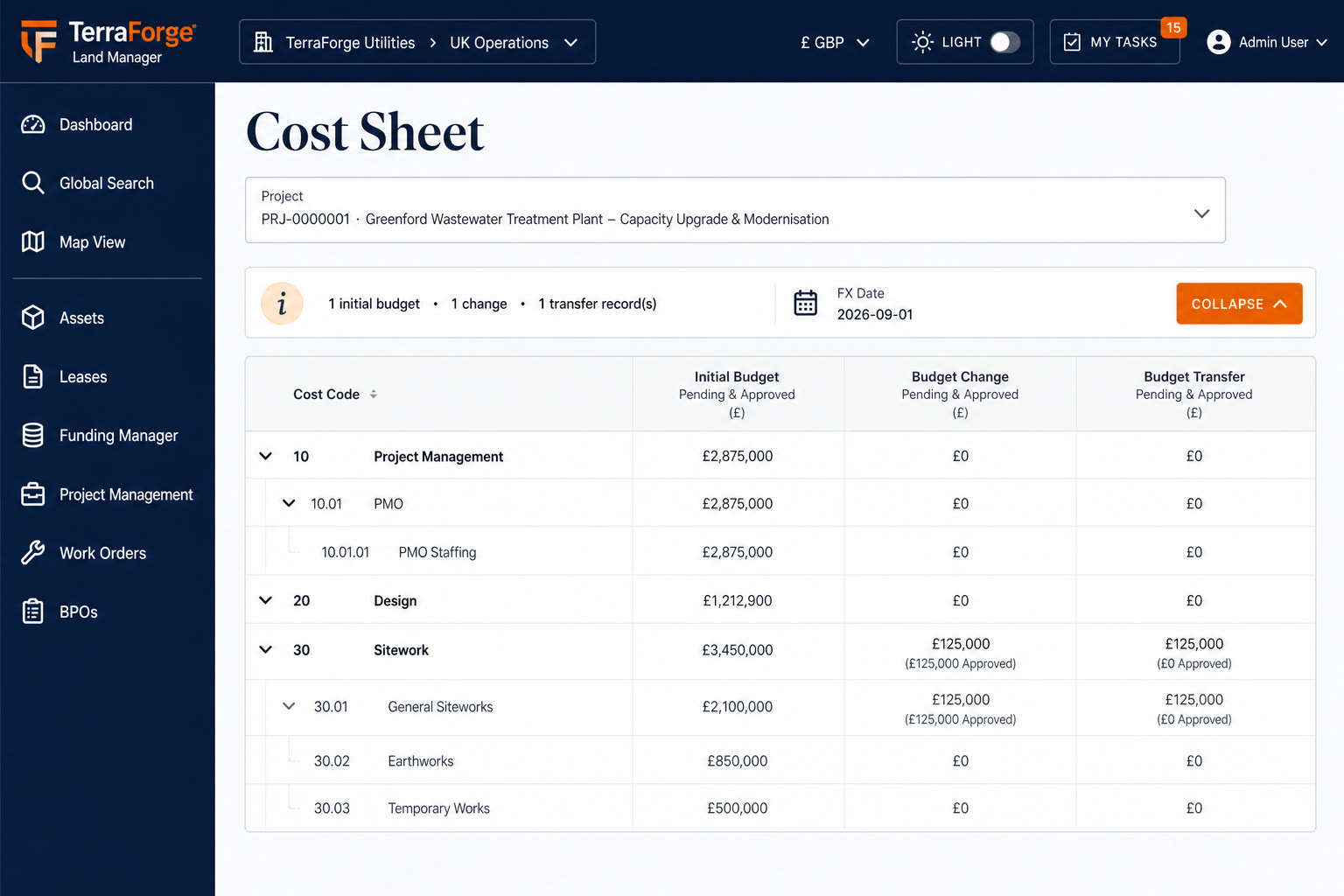 TerraForge Cost Sheet — pending and approved columns on a demo capital job