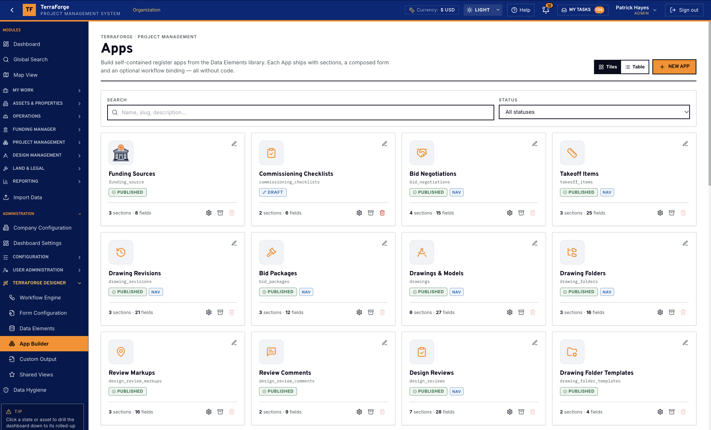 TerraForge App Builder in US dollars, a tile grid of published and draft apps including funding sources, commissioning checklists, bid packages and drawings