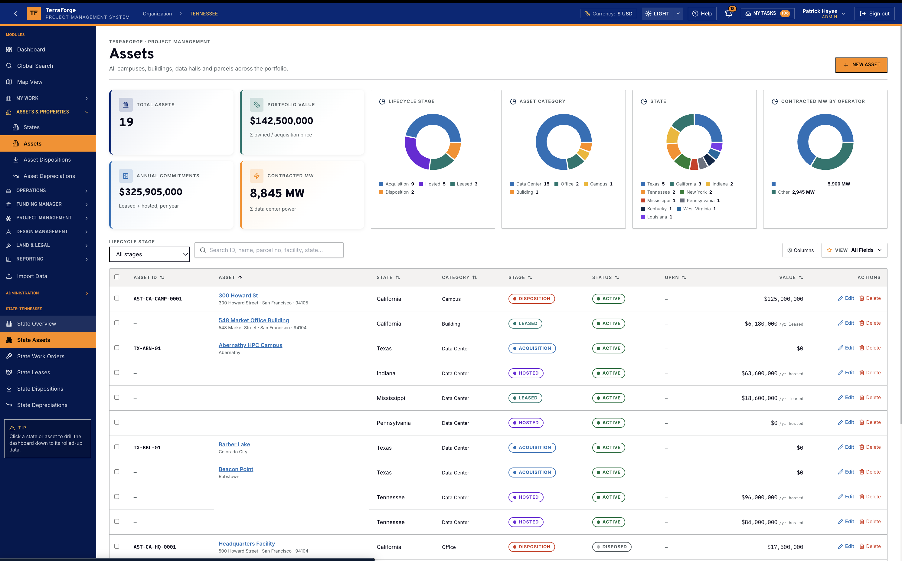 TerraForge assets dashboard with portfolio cards for asset count, portfolio value, annual commitments and contracted megawatts, plus lifecycle, category and state charts and the asset register