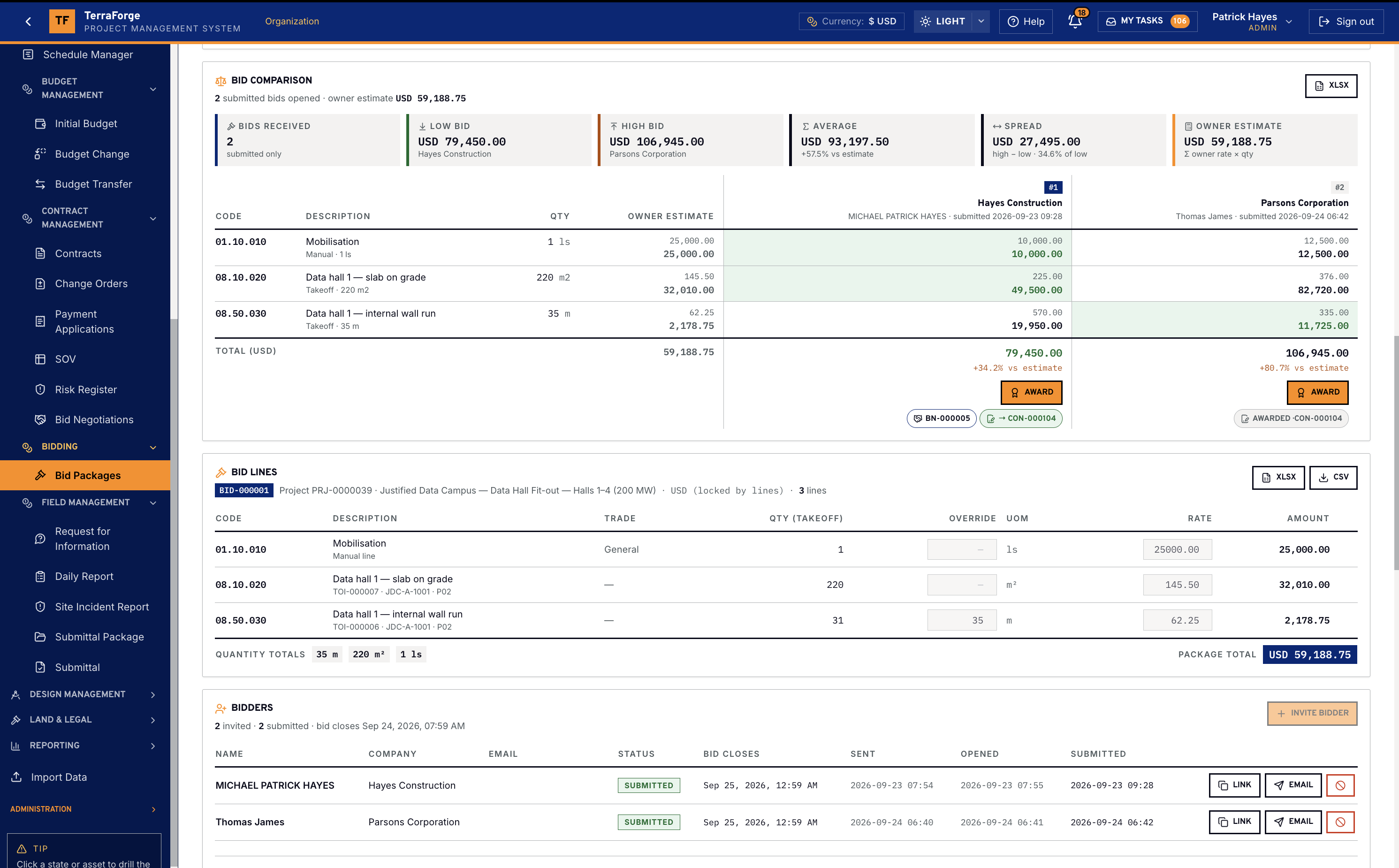 TerraForge bid comparison with two submitted bids, an owner estimate, low high average and spread, line-by-line rates, and award on each column