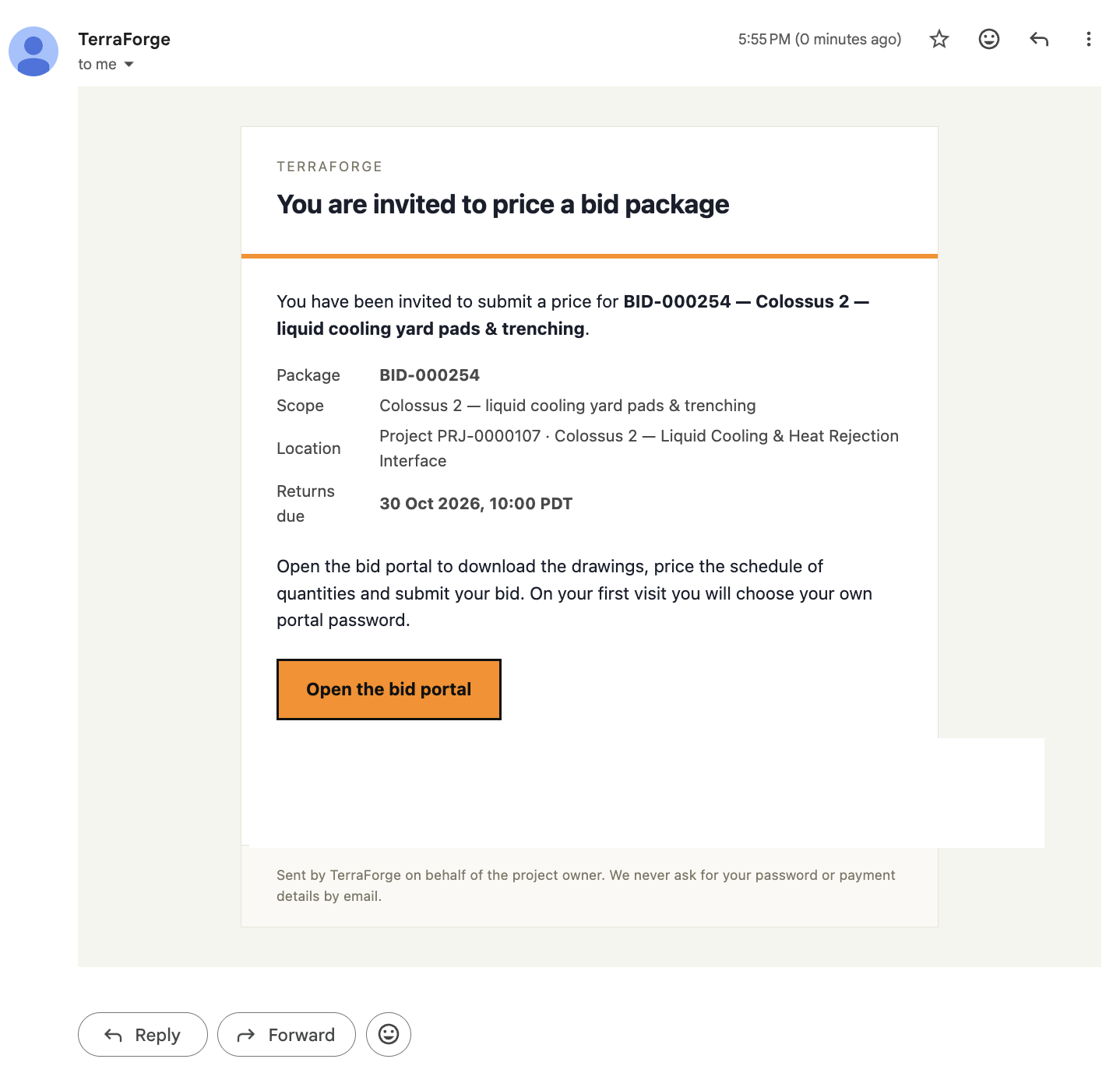 TerraForge invitation email to price bid package BID-000254, with the returns deadline, an Open the bid portal button, and a first-visit password so the bidder can download drawings and price the schedule of quantities