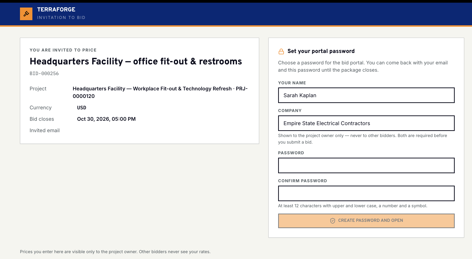 TerraForge invitation to bid. The vendor sets a portal password beside the package, project, currency and close time. Name and company are shown to the project owner only, and prices are visible only to the project owner.