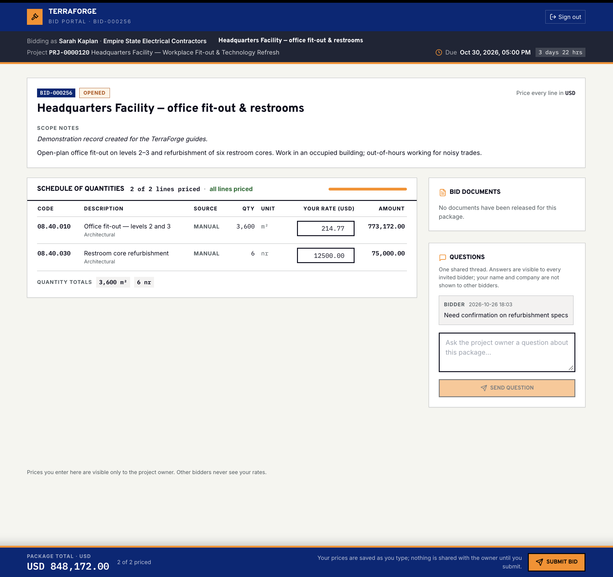 TerraForge bid portal for an open package, with a schedule of quantities, bidder rates, a questions thread, and submit bid