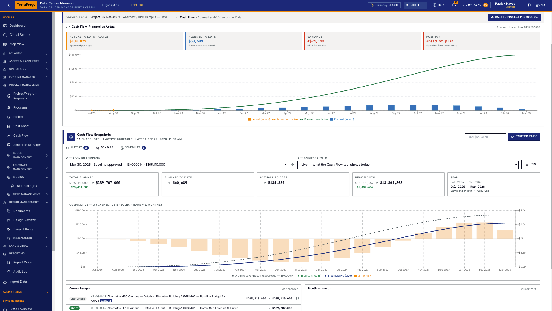 TerraForge cash flow snapshot comparison of an earlier baseline against the live plan, with monthly deltas