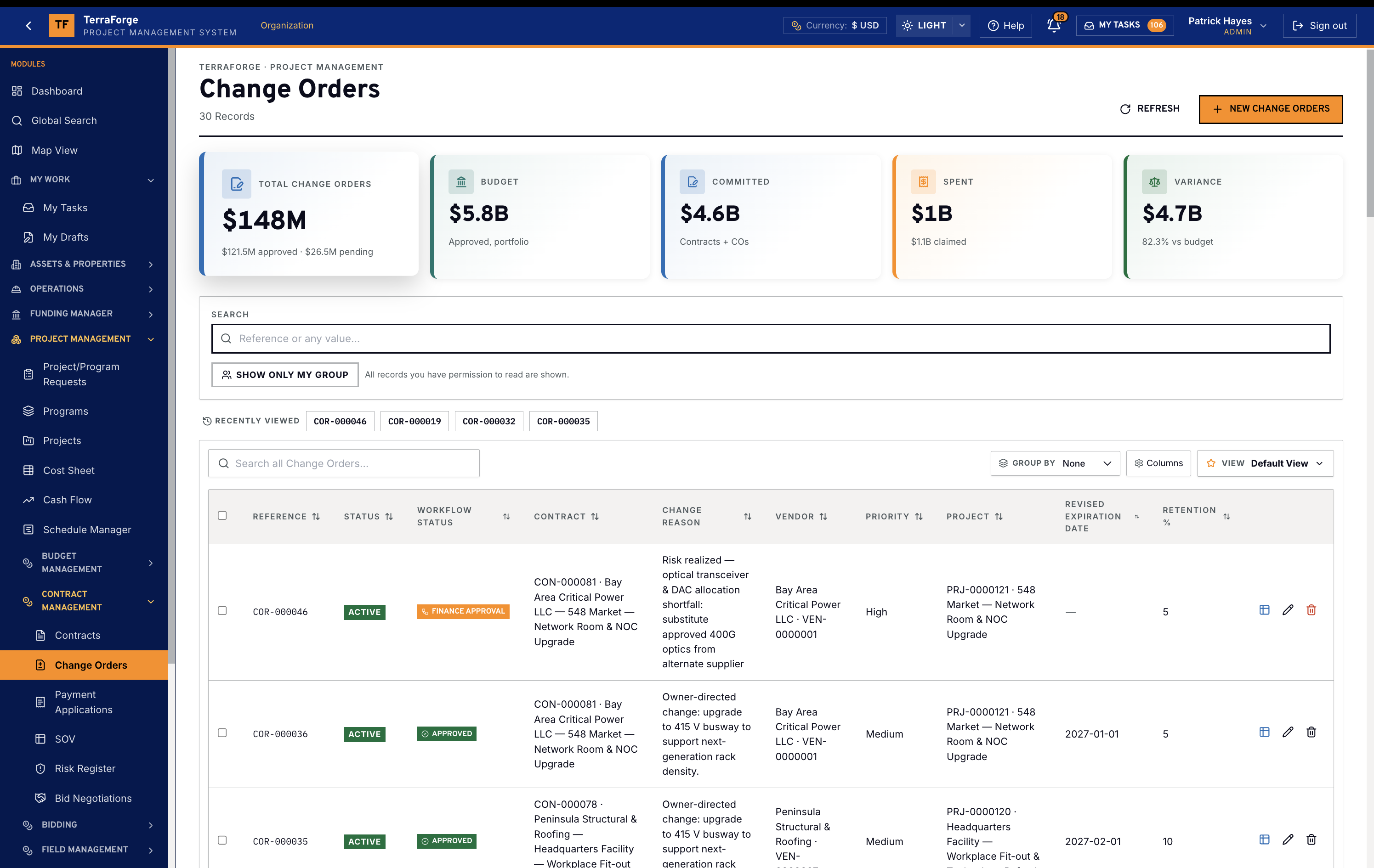 TerraForge change orders register in US dollars, with total change orders, budget, committed and spent for a data center portfolio