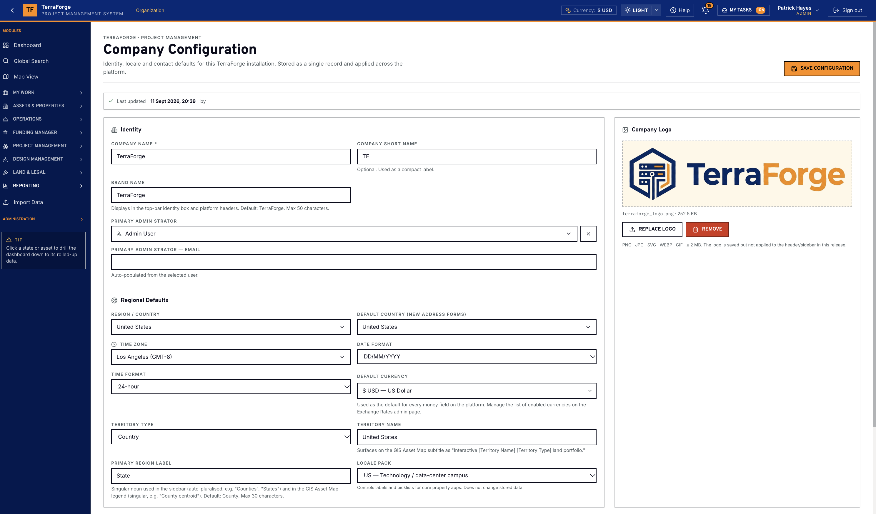 TerraForge Company Configuration for a United States data center installation, base currency US dollars, Los Angeles time, and the US technology data-center campus locale pack