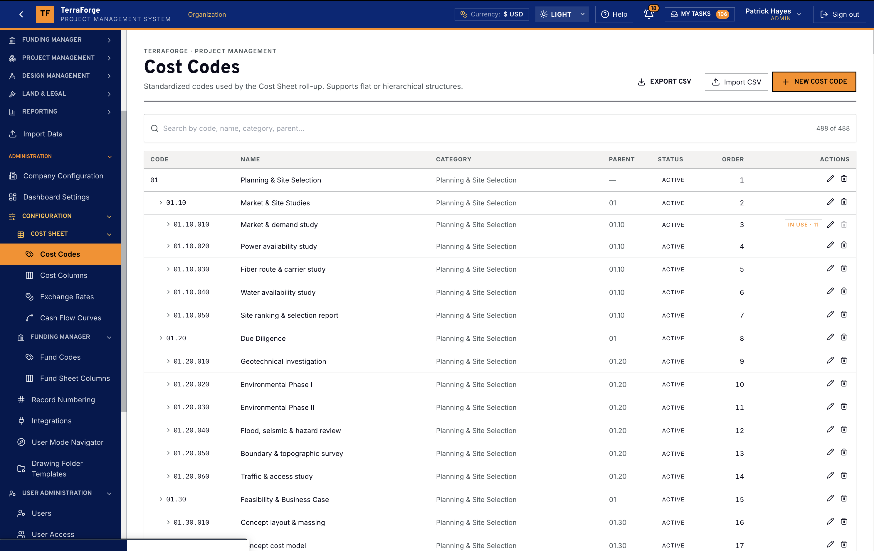 TerraForge Cost Codes in US dollars, a hierarchical data center work breakdown from Planning and Site Selection through market, power, fiber and due diligence, with an IN USE count on the code