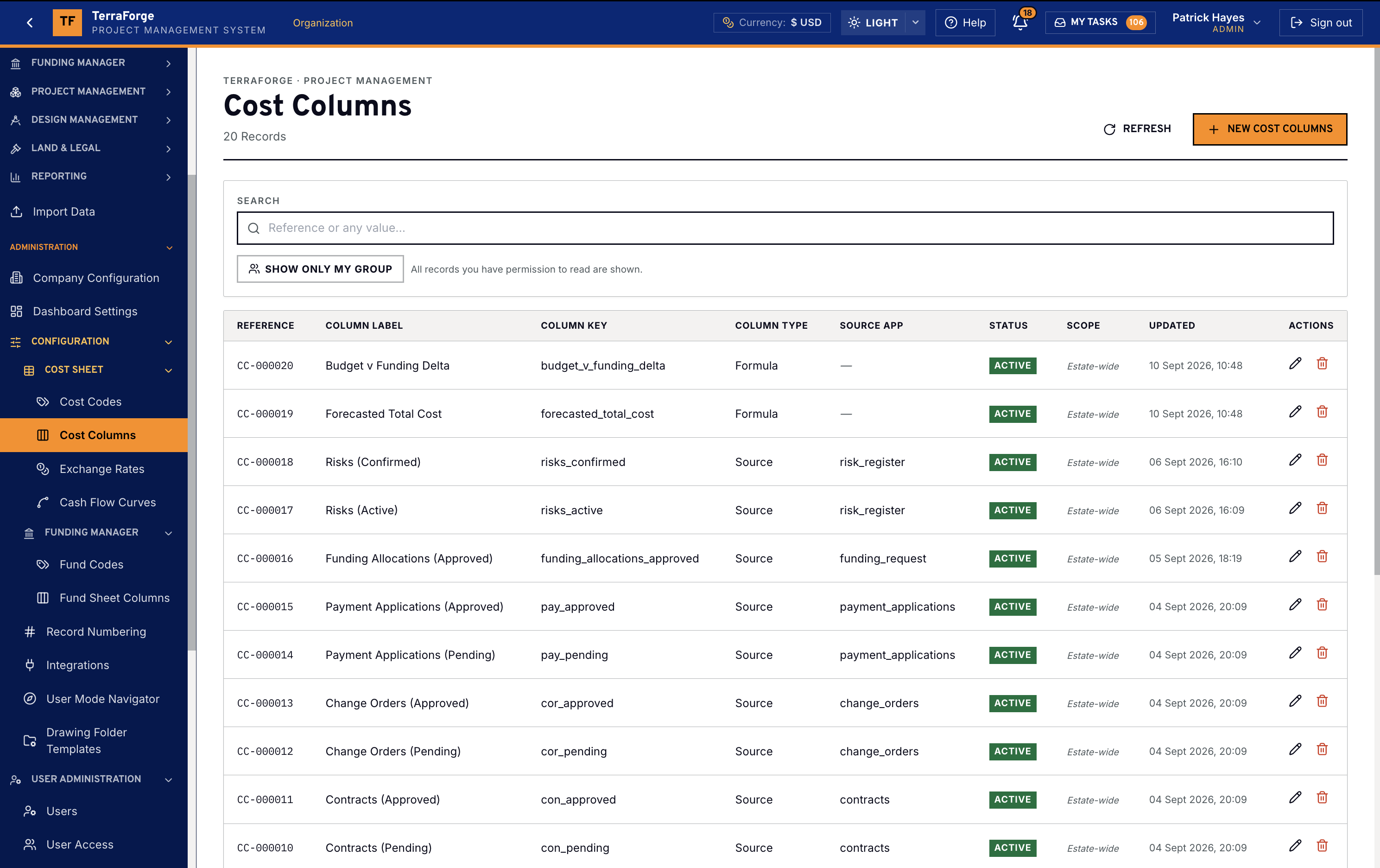 TerraForge Cost Columns in US dollars, formula and source columns for budget versus funding, funding allocations, payment applications, change orders and contracts, scoped across the portfolio