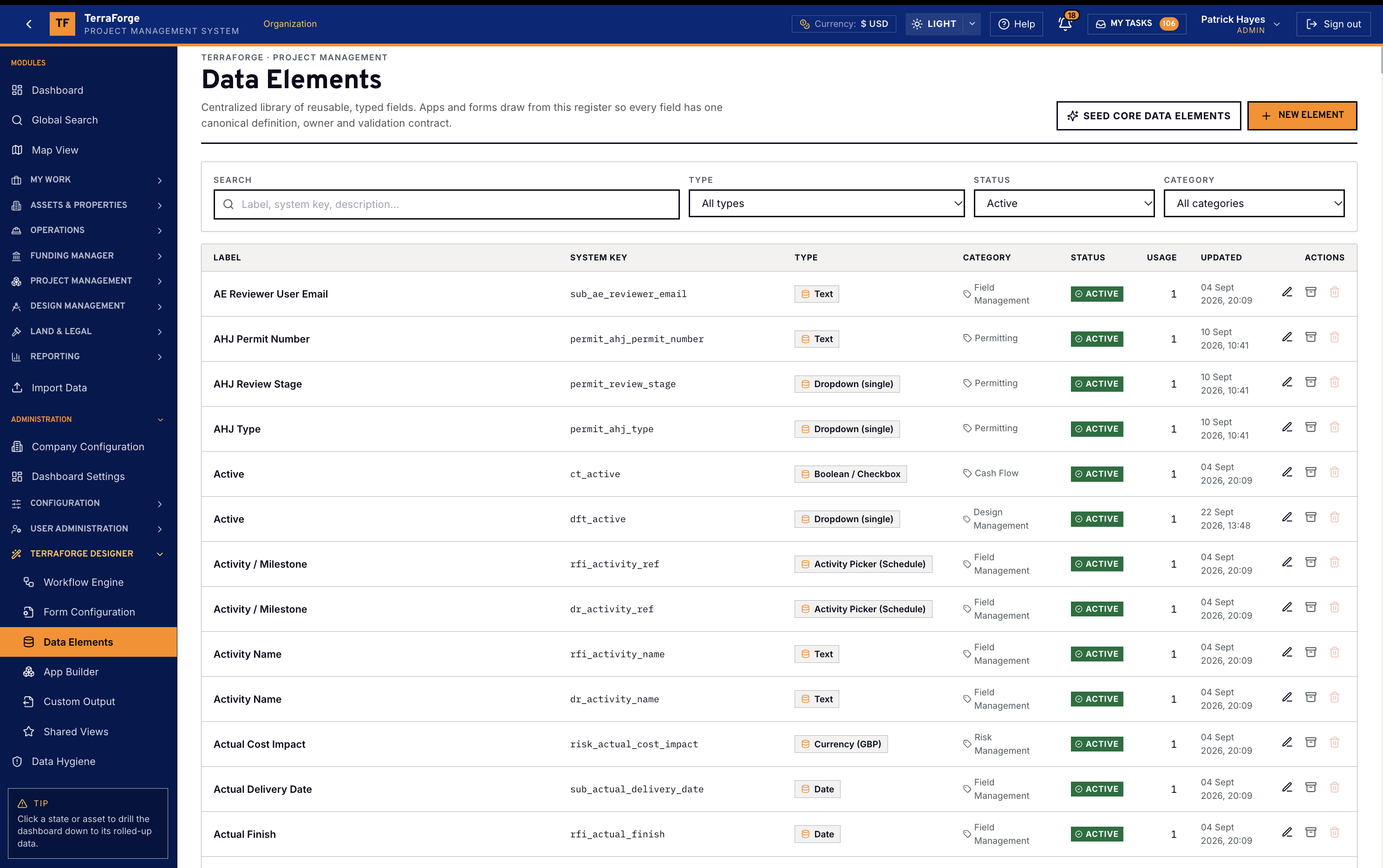 TerraForge Data Elements library in US dollars, including AHJ permit fields, activity pickers, dates and currency fields