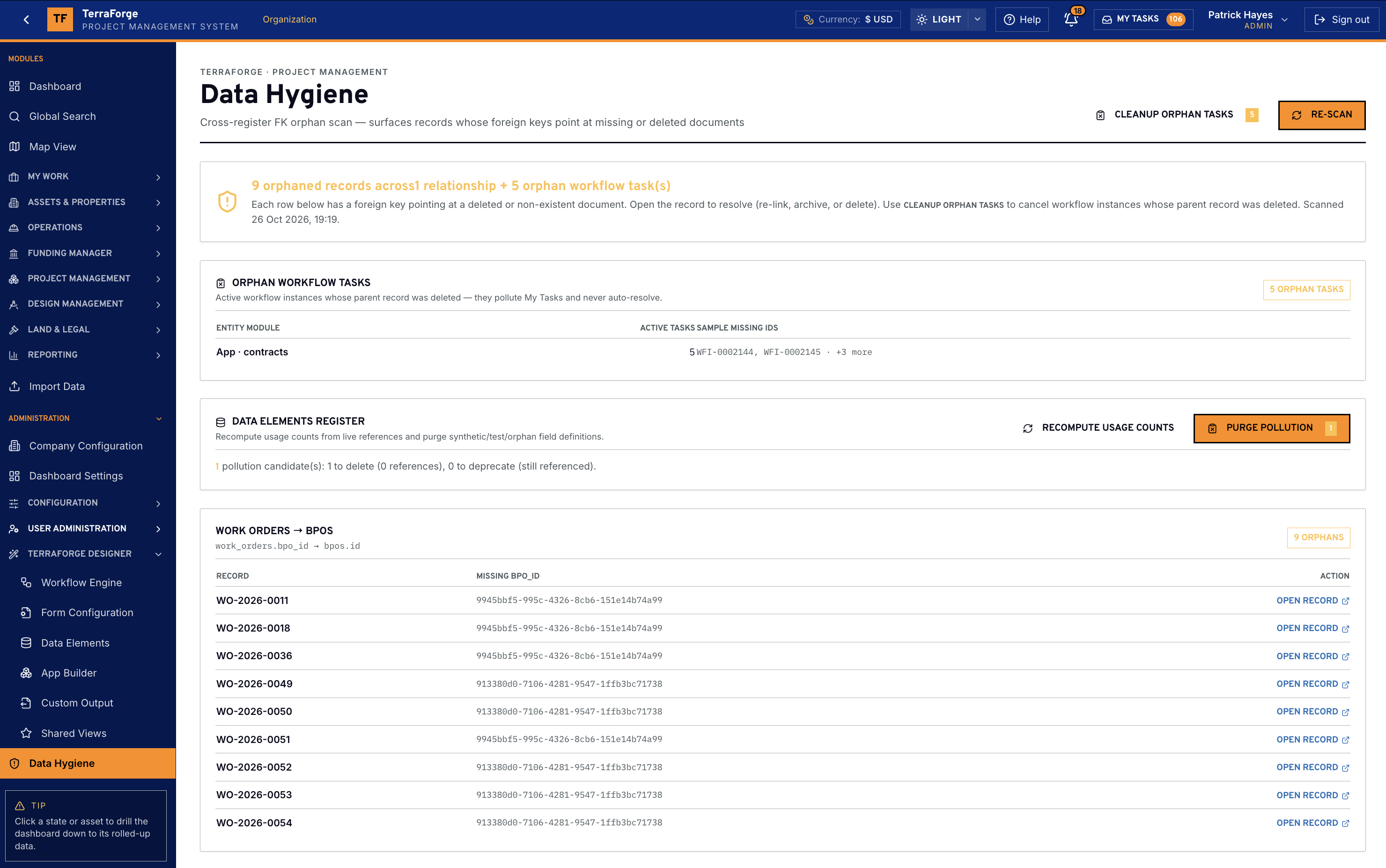 TerraForge Data Hygiene in US dollars, an orphan scan of work orders pointing at missing blanket purchase orders, with cleanup orphan tasks and re-scan