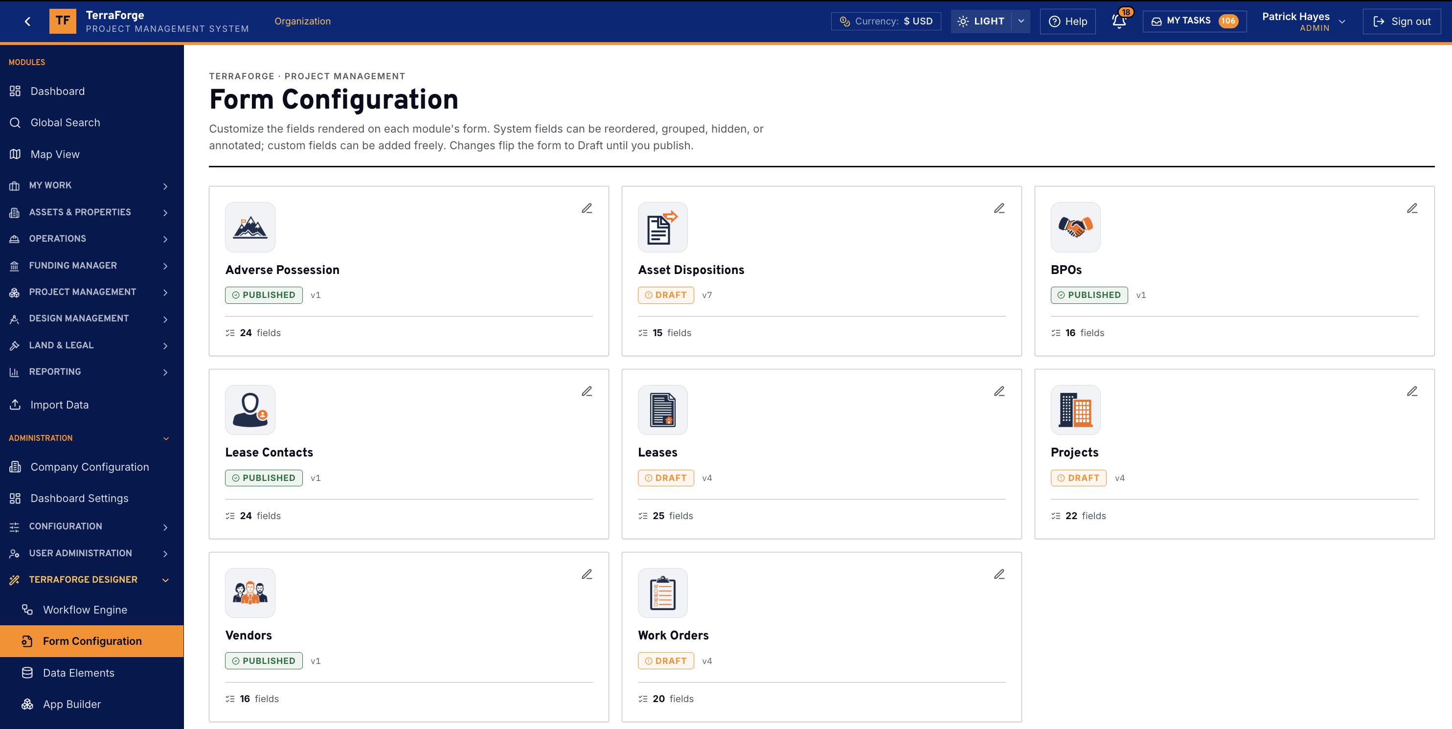 TerraForge Form Configuration in US dollars, a card grid of published and draft forms with field counts