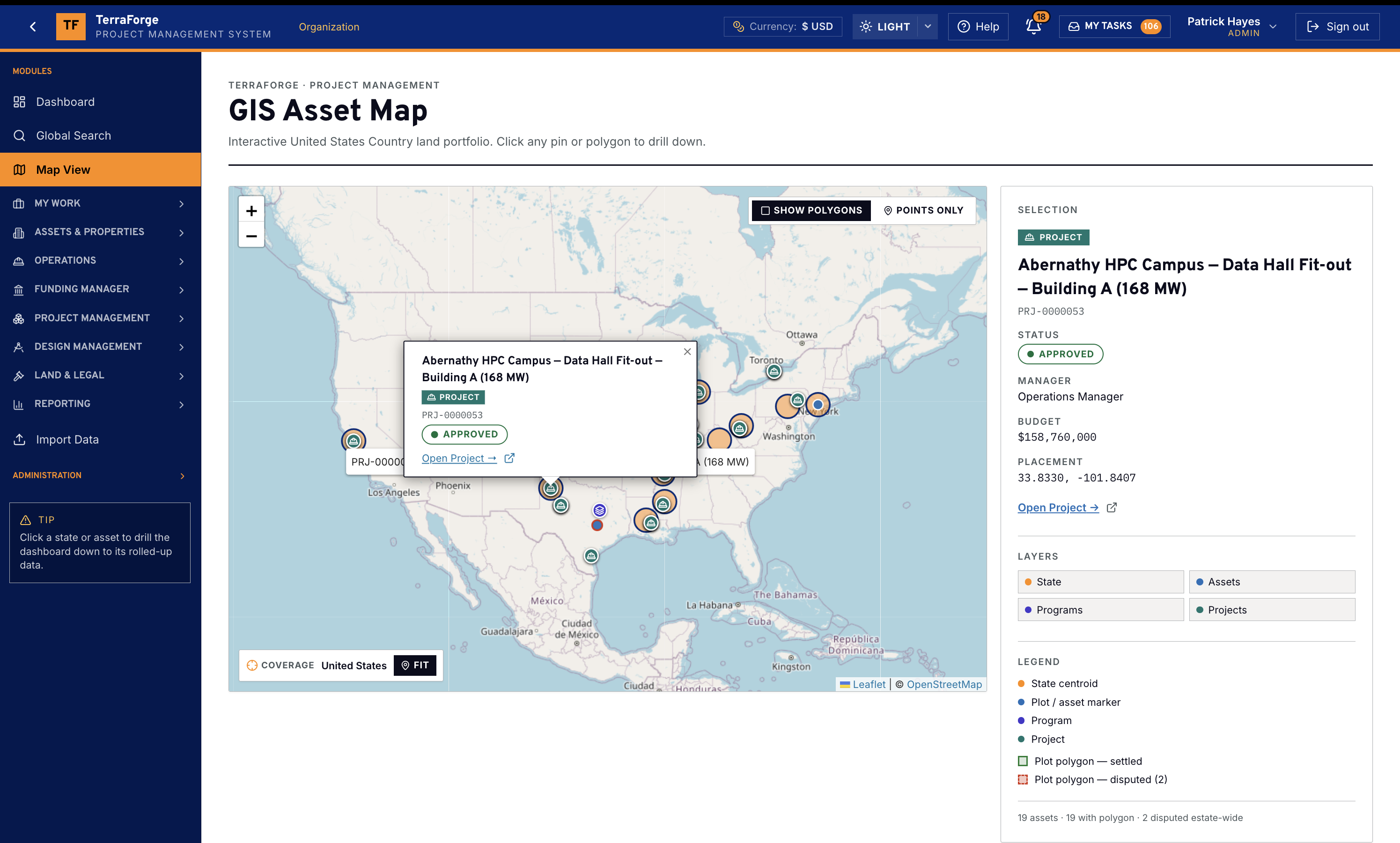 TerraForge Map View, the GIS Asset Map of the United States portfolio