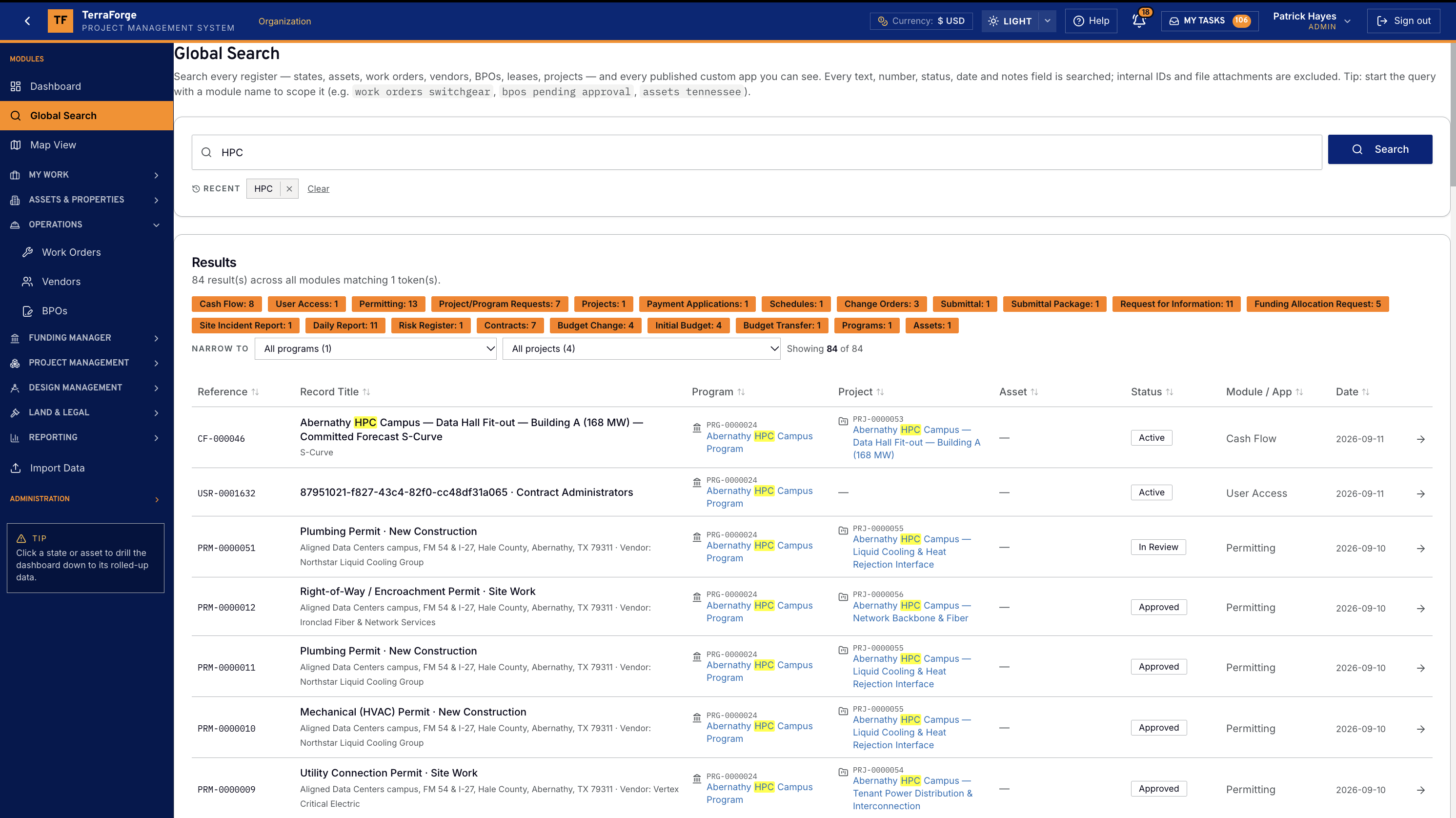 TerraForge Global Search for HPC, with results across modules, filter pills, and arrows that open the live record
