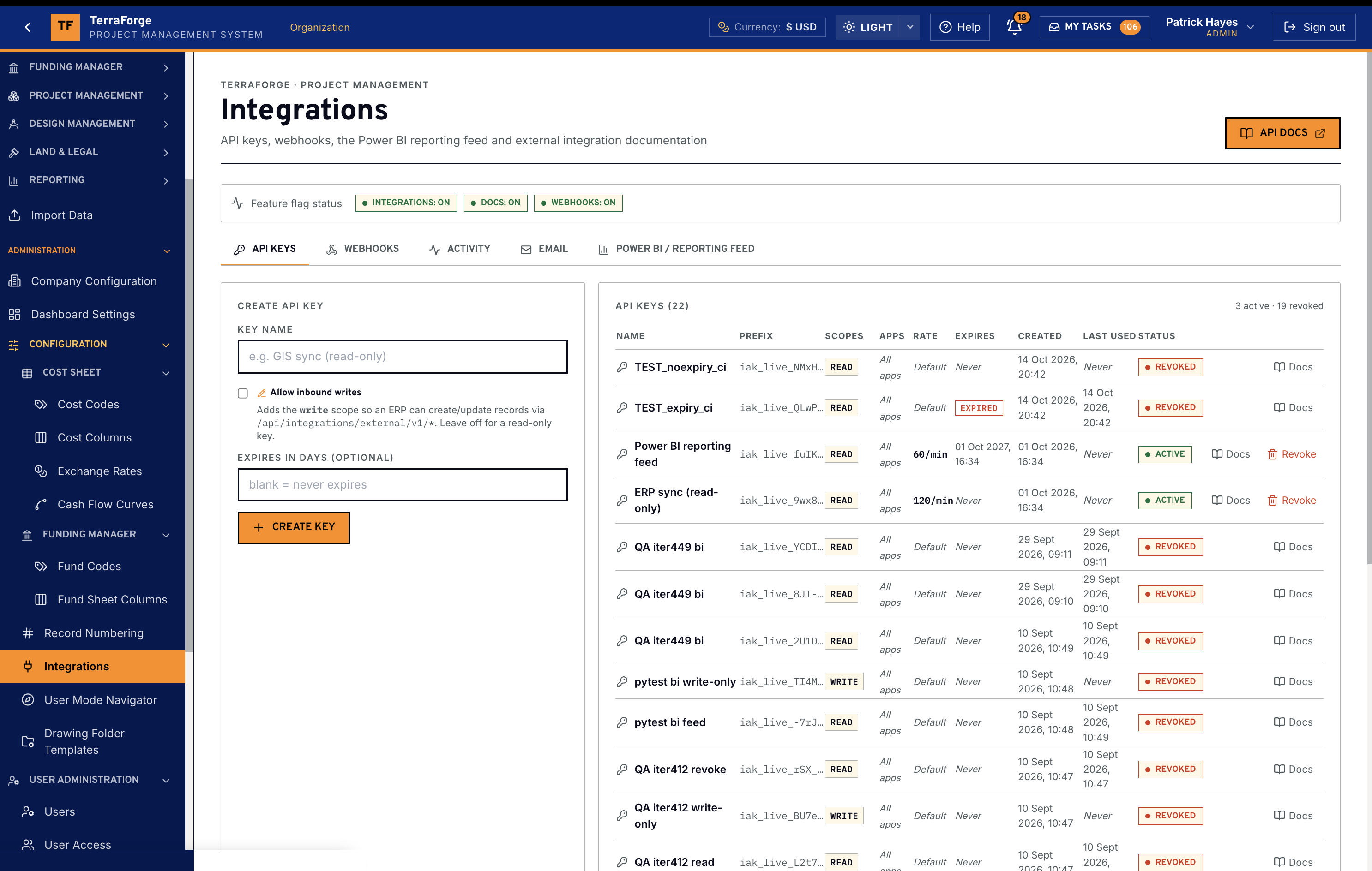 TerraForge Integrations in US dollars, API Keys tab with scoped keys including the Power BI reporting feed, and tabs for webhooks, activity, email and the reporting feed