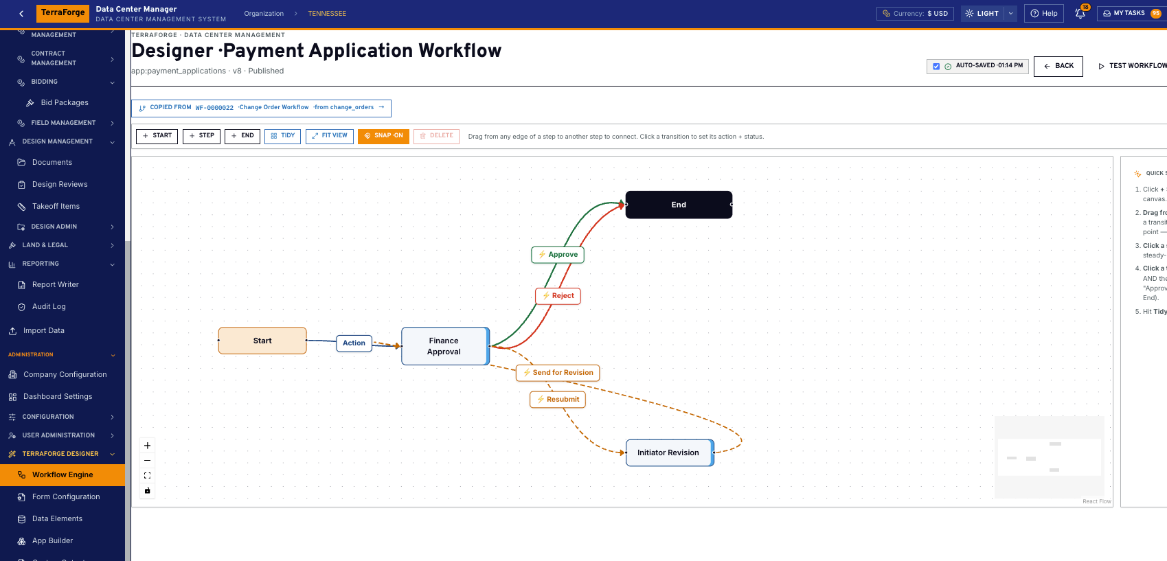 TerraForge workflow designer for a published payment application workflow, with approval, reject and revision steps