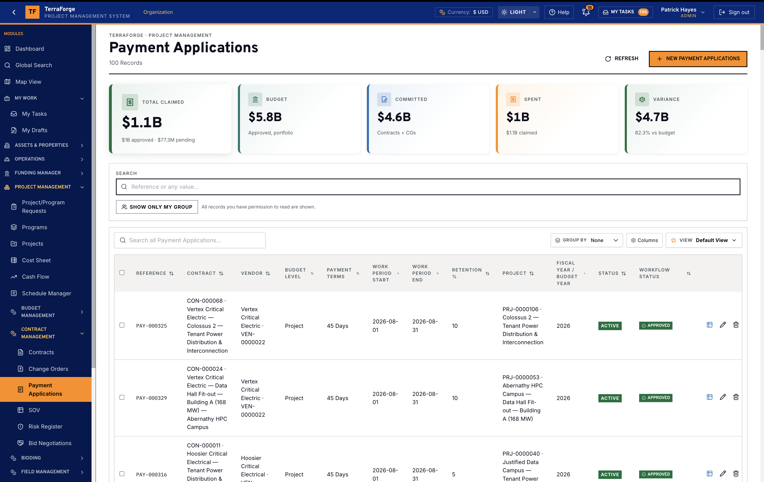 TerraForge payment applications register in US dollars, with total claimed, budget, committed and spent for a data center portfolio