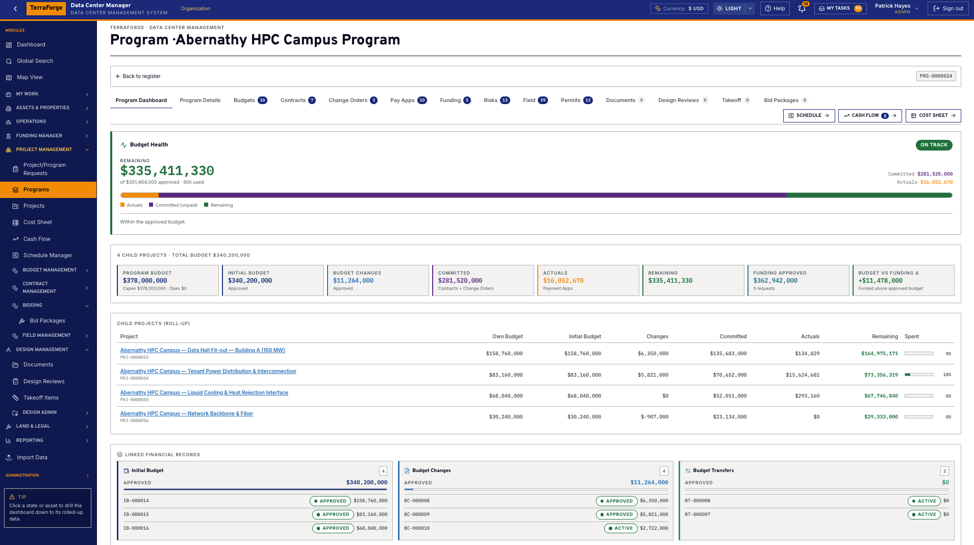 TerraForge programme dashboard with budget health, child-project roll-up, and tabs for contracts, change orders, pay apps, funding, documents, design reviews, takeoff and bid packages
