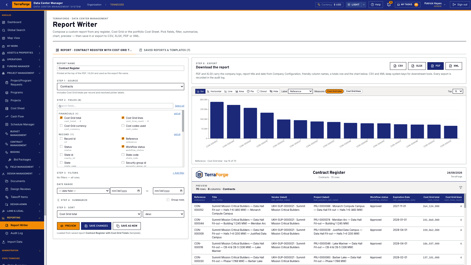 TerraForge Report Writer building a contract register report with a chart and CSV, XLSX, PDF and XML export