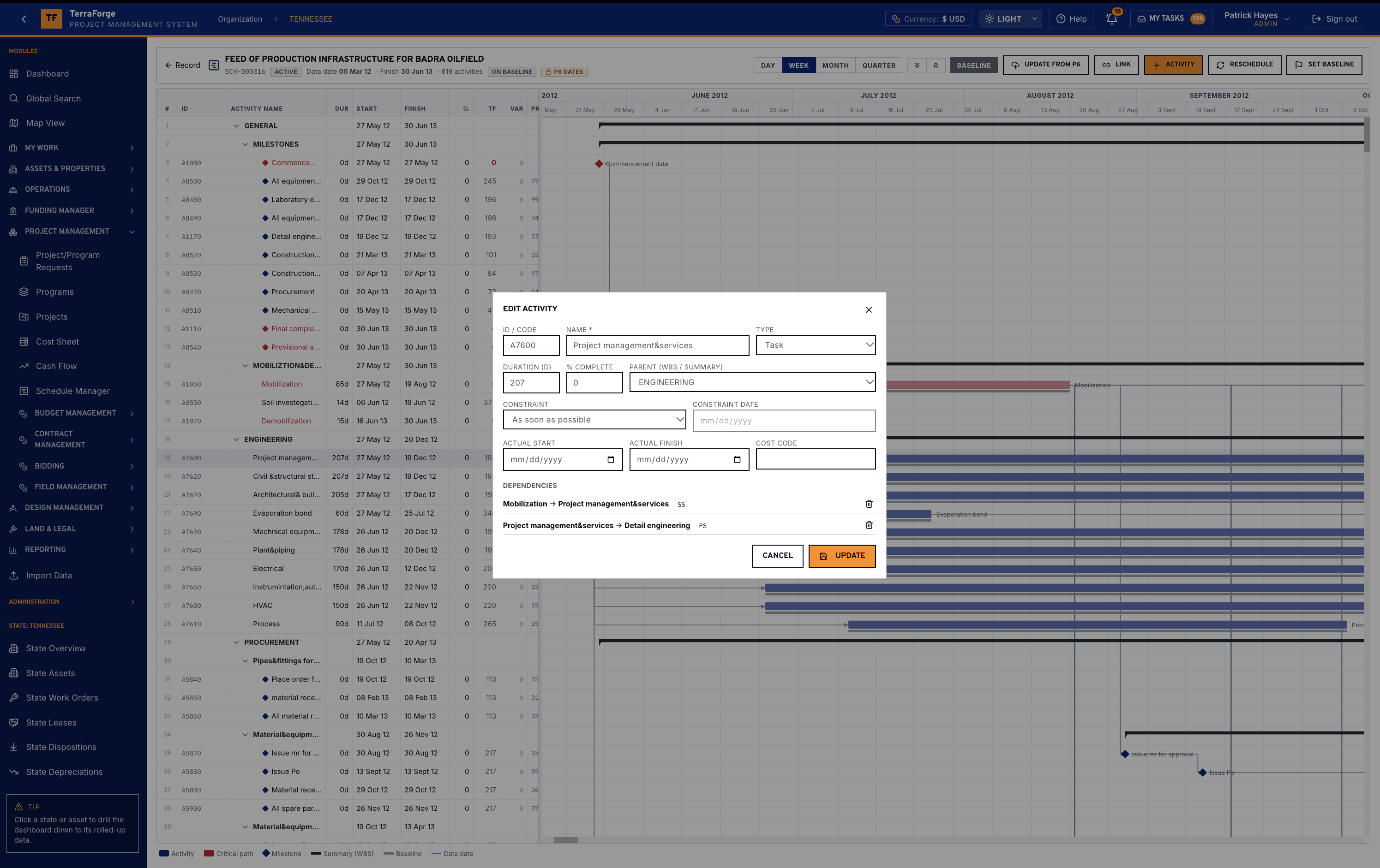 TerraForge Schedule Manager Gantt with the baseline toggle on, critical path in red, and Update from P6