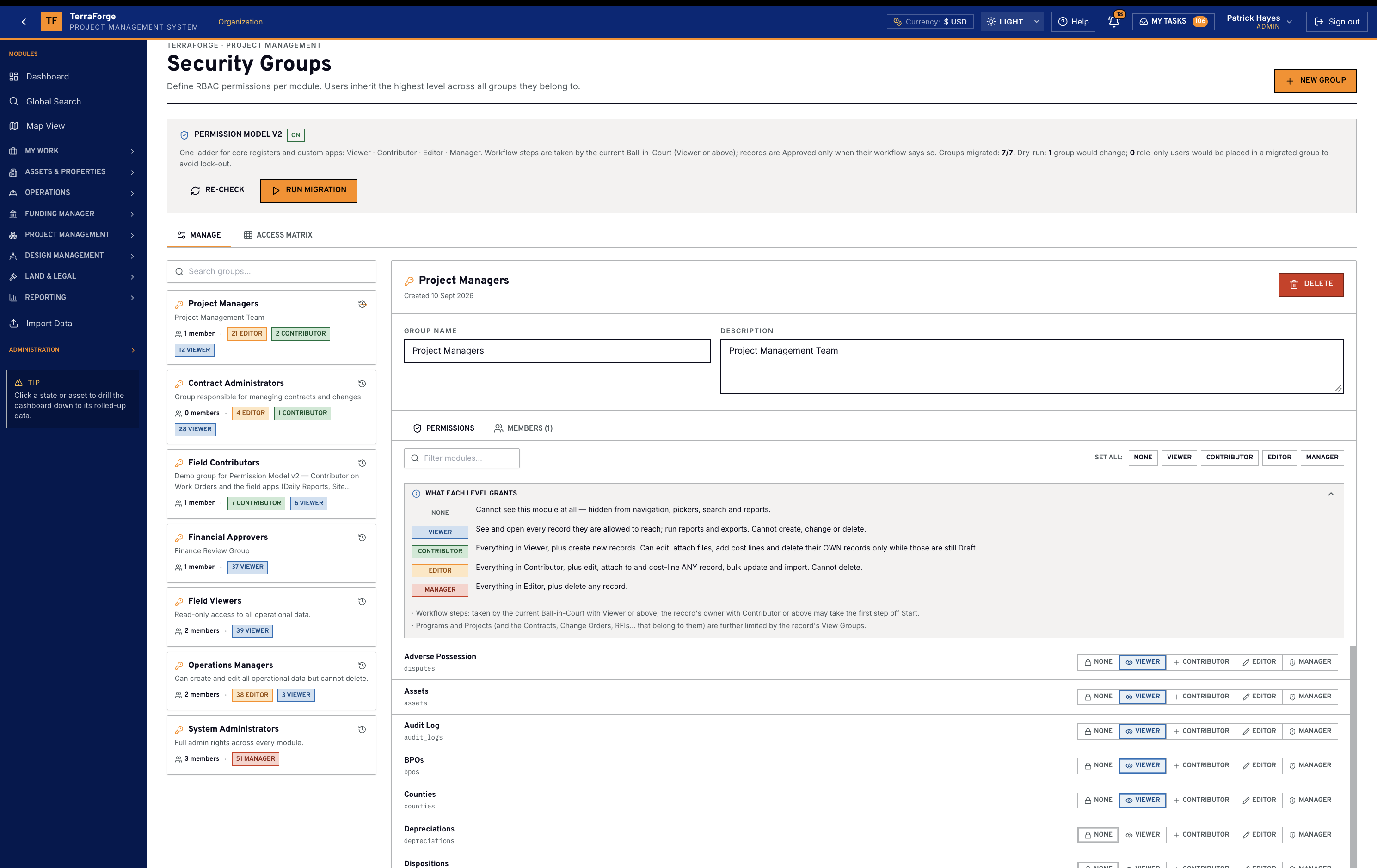 TerraForge Security Groups in US dollars, Permission Model V2, with the Project Managers ladder from Viewer through Contributor, Editor and Manager