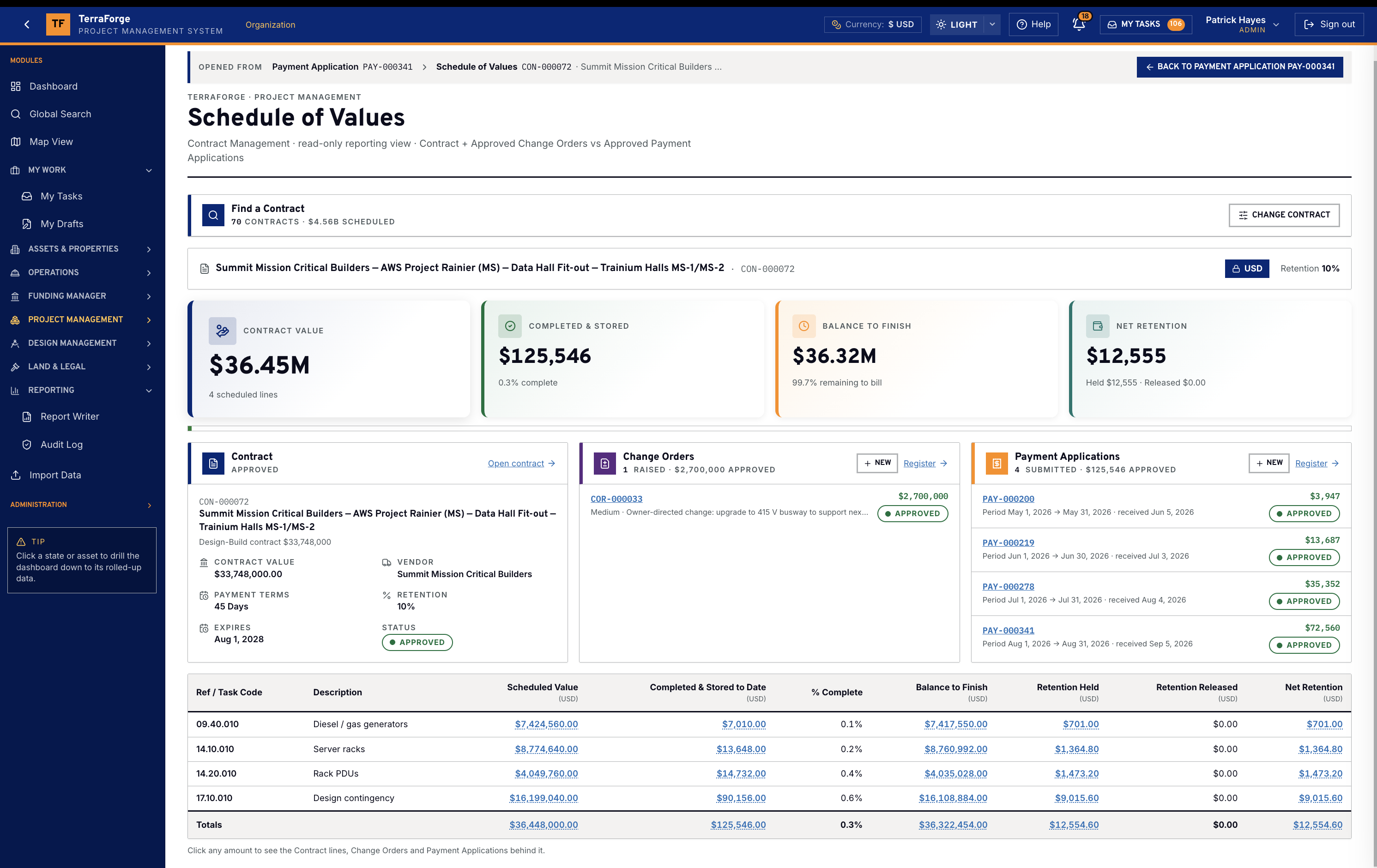 TerraForge schedule of values lines for generators, racks and PDUs on a demonstration data hall contract, in US dollars