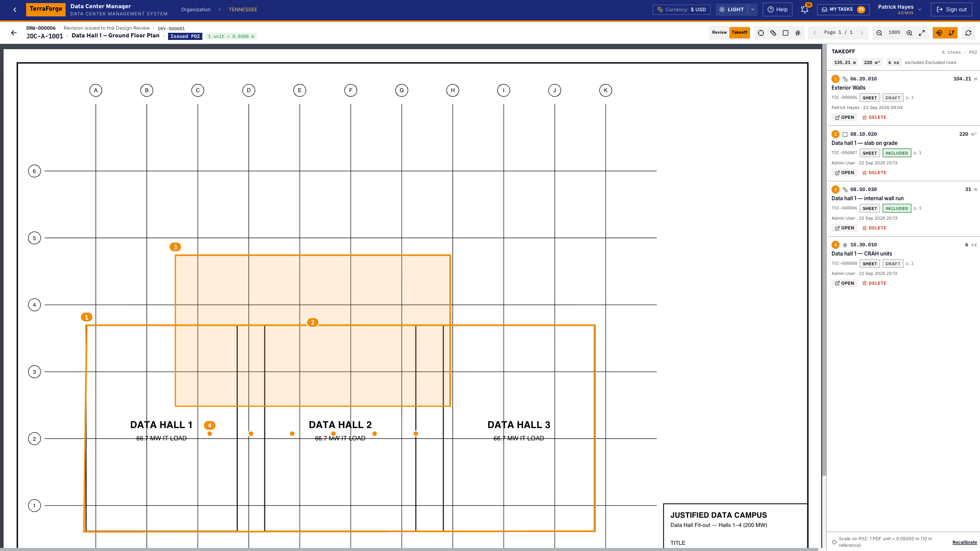 TerraForge takeoff on a data hall floor plan, measuring length, area and count with draft, included and excluded items