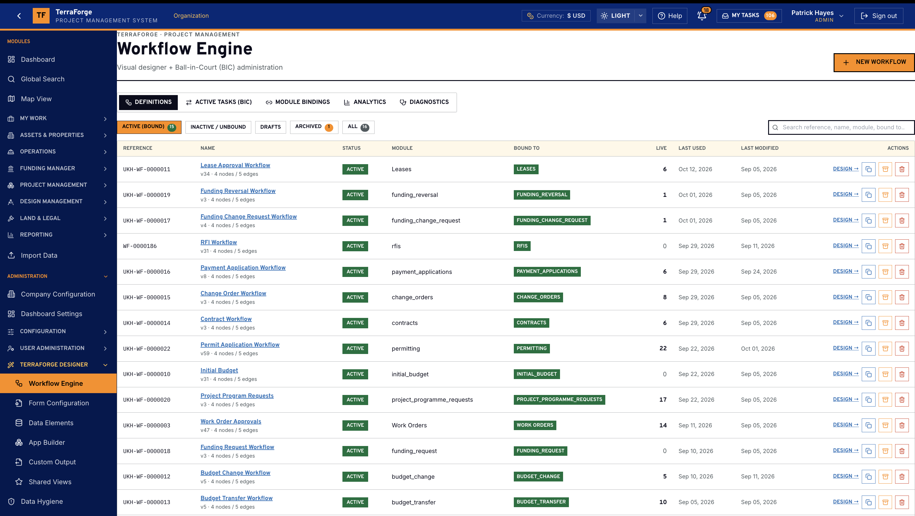 TerraForge Workflow Engine in US dollars, active definitions for leases, funding, payment applications, change orders, contracts, permits and work orders