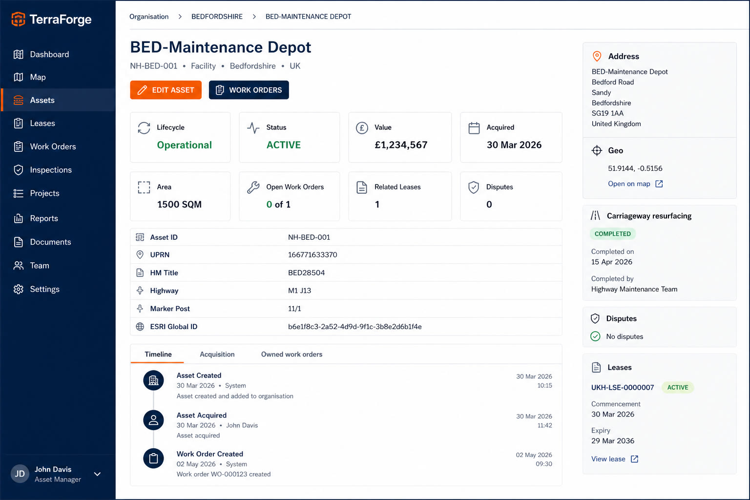 TerraForge asset detail form — unique ID, title and GIS on the record