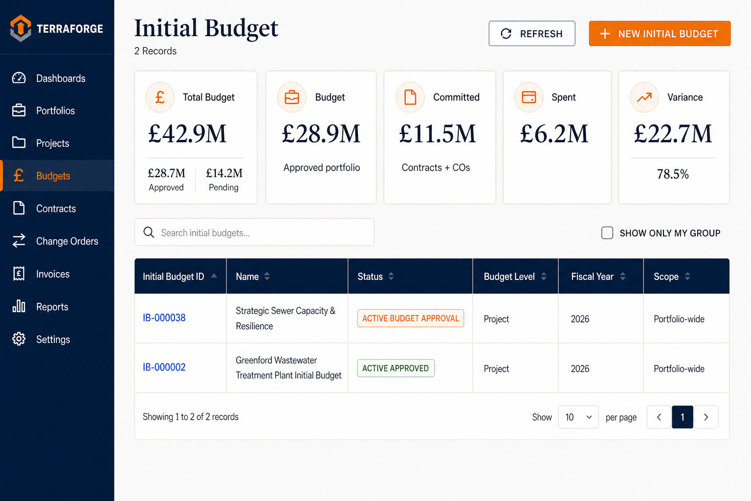TerraForge Initial Budget grid — WBS lines, quantity, UOM and unit cost