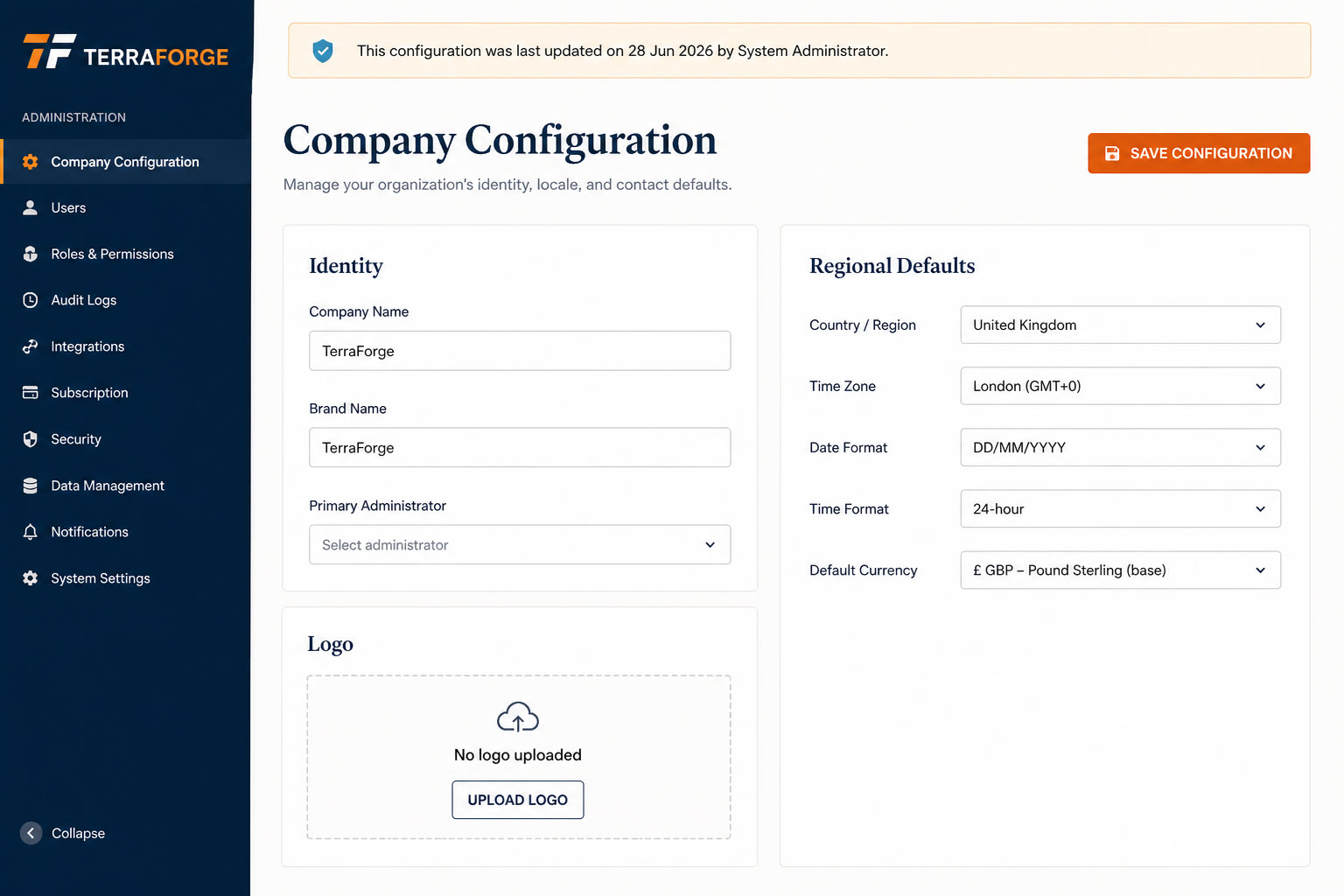 TerraForge Company Configuration — identity, locale, default currency and brand