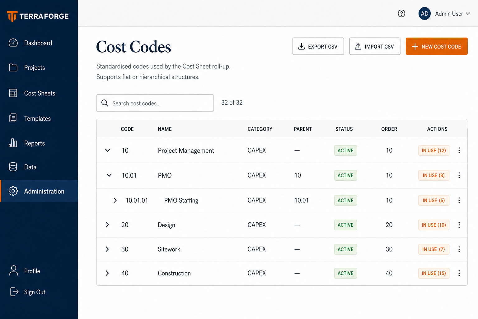 TerraForge Cost Codes — hierarchical WBS 10 Project Management through Construction