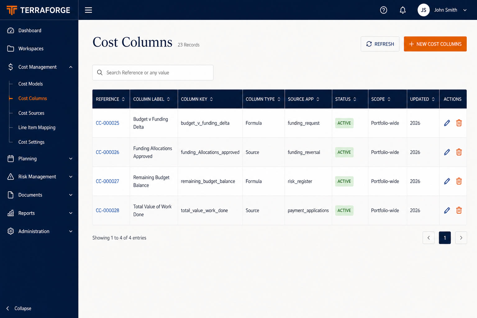 TerraForge Cost Columns — formula and source columns feeding the Cost Sheet