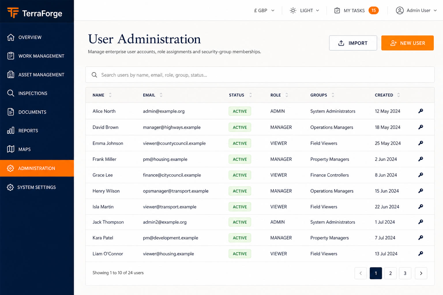 TerraForge User Administration — accounts, roles and security-group memberships