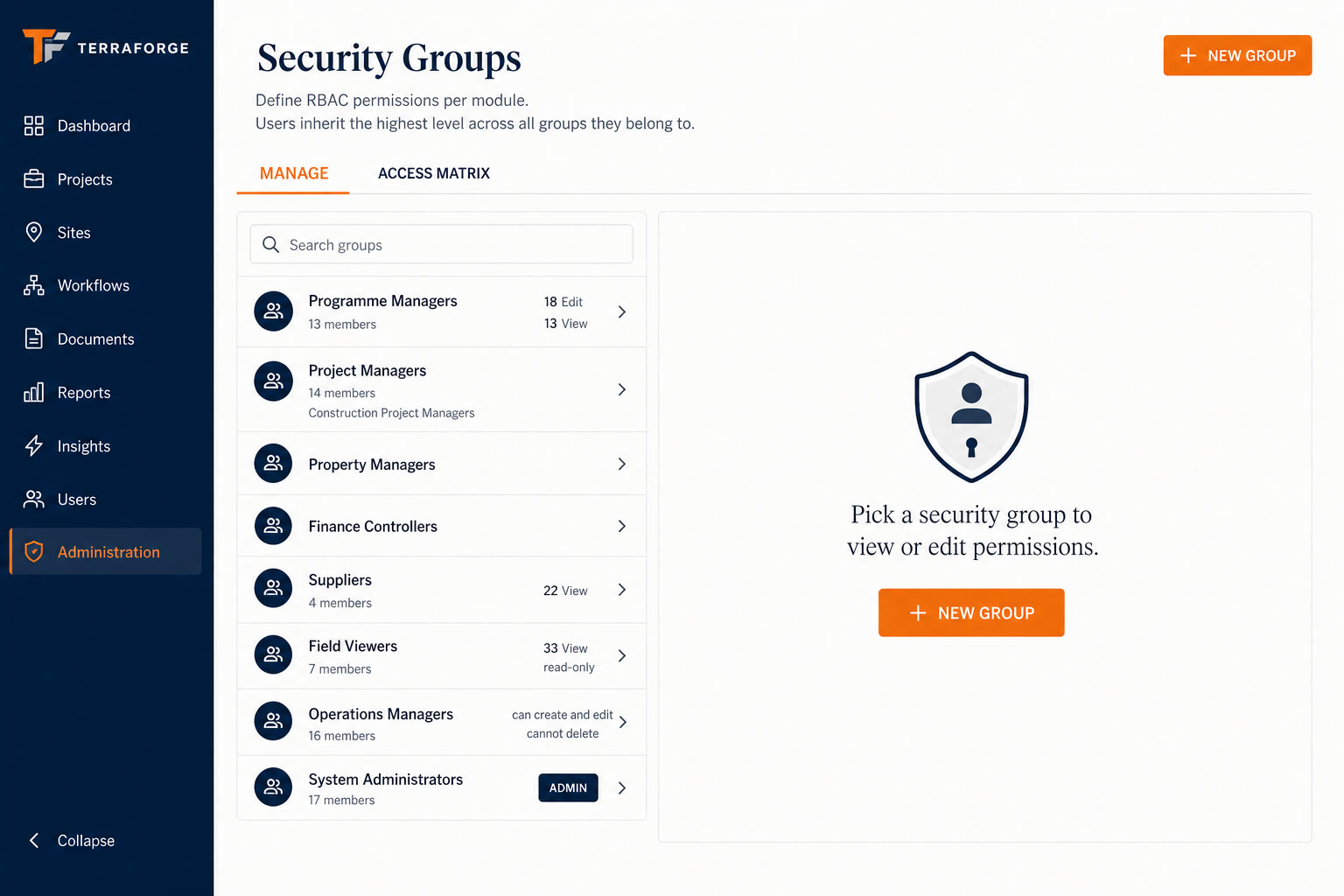 TerraForge Security Groups — per-module Edit and View inherited across groups