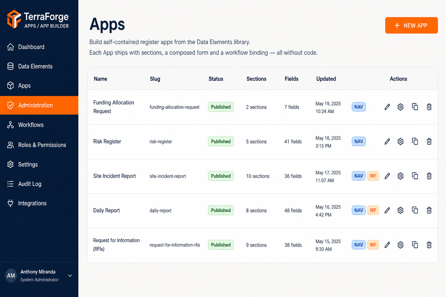 TerraForge App Builder — published apps with NAV and workflow badges