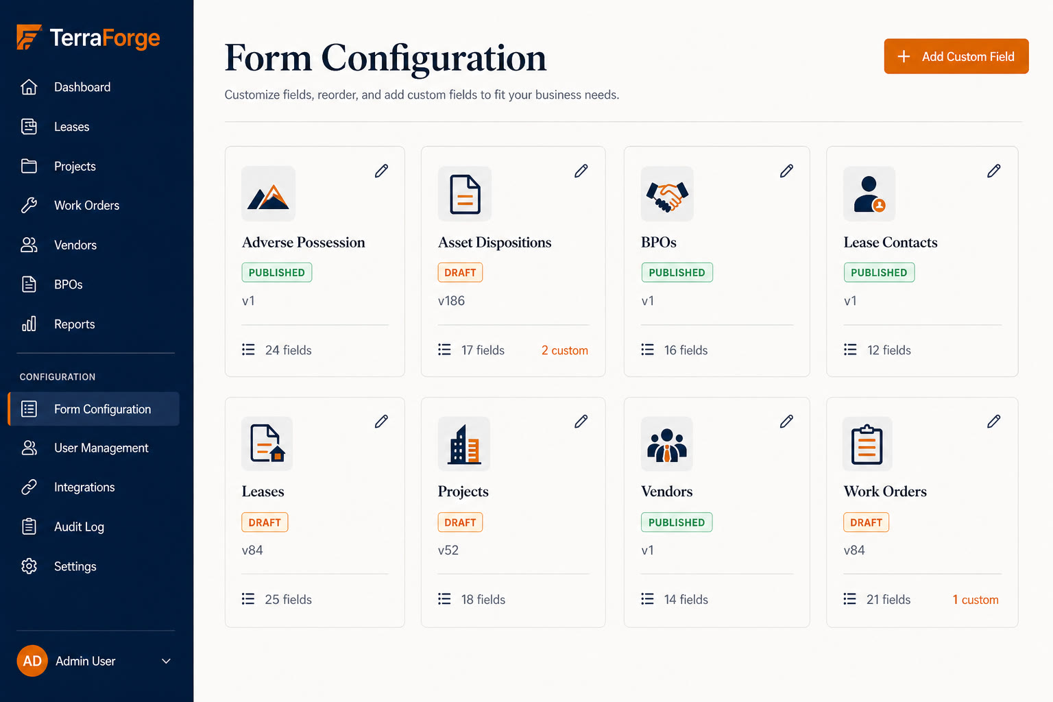 TerraForge Form Configuration — published and draft forms per module