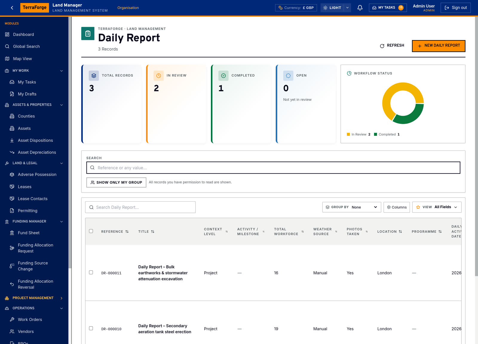 TerraForge Daily Report — workforce, weather and photos on the project
