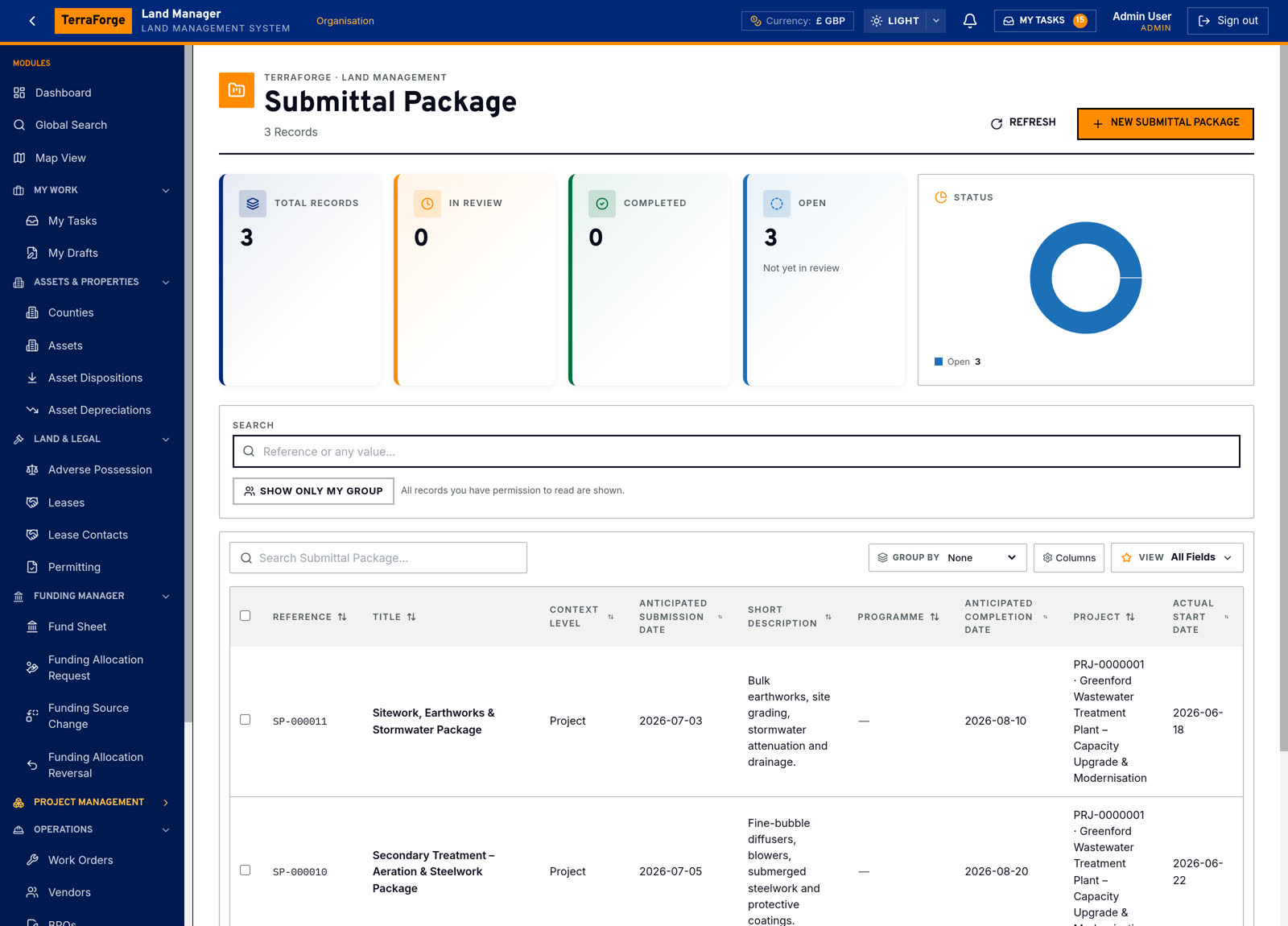 TerraForge Submittals — package and item on a demo capital job