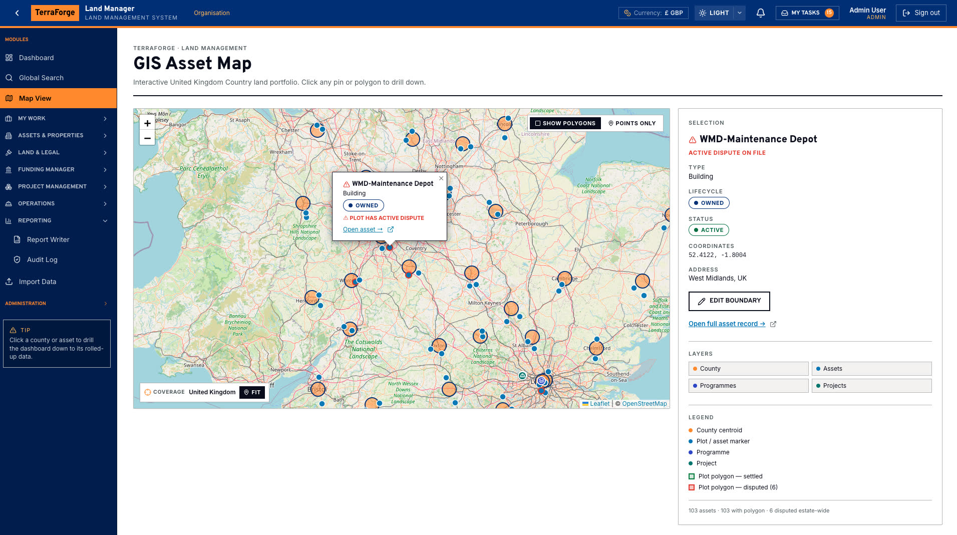 TerraForge Map View — portfolio-level centroids, assets, programmes and projects on one GIS canvas with a disputed plot selected