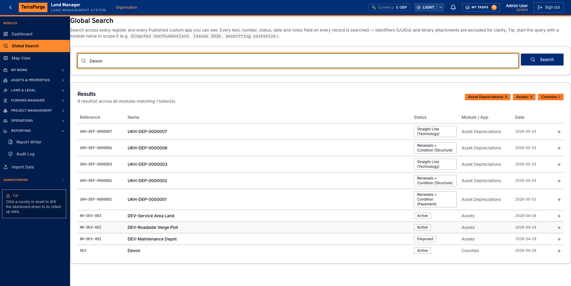 TerraForge Global Search — one query with per-module result chips and a drill into the matching record