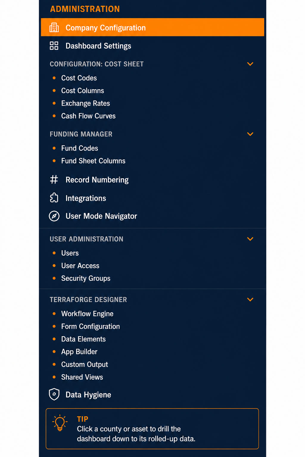 TerraForge Administration navigator — Company, Cost Sheet, Funding Manager, users, Designer, Data Hygiene